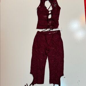 Outcast Burgundy Lace Top and Pants Set (see through)